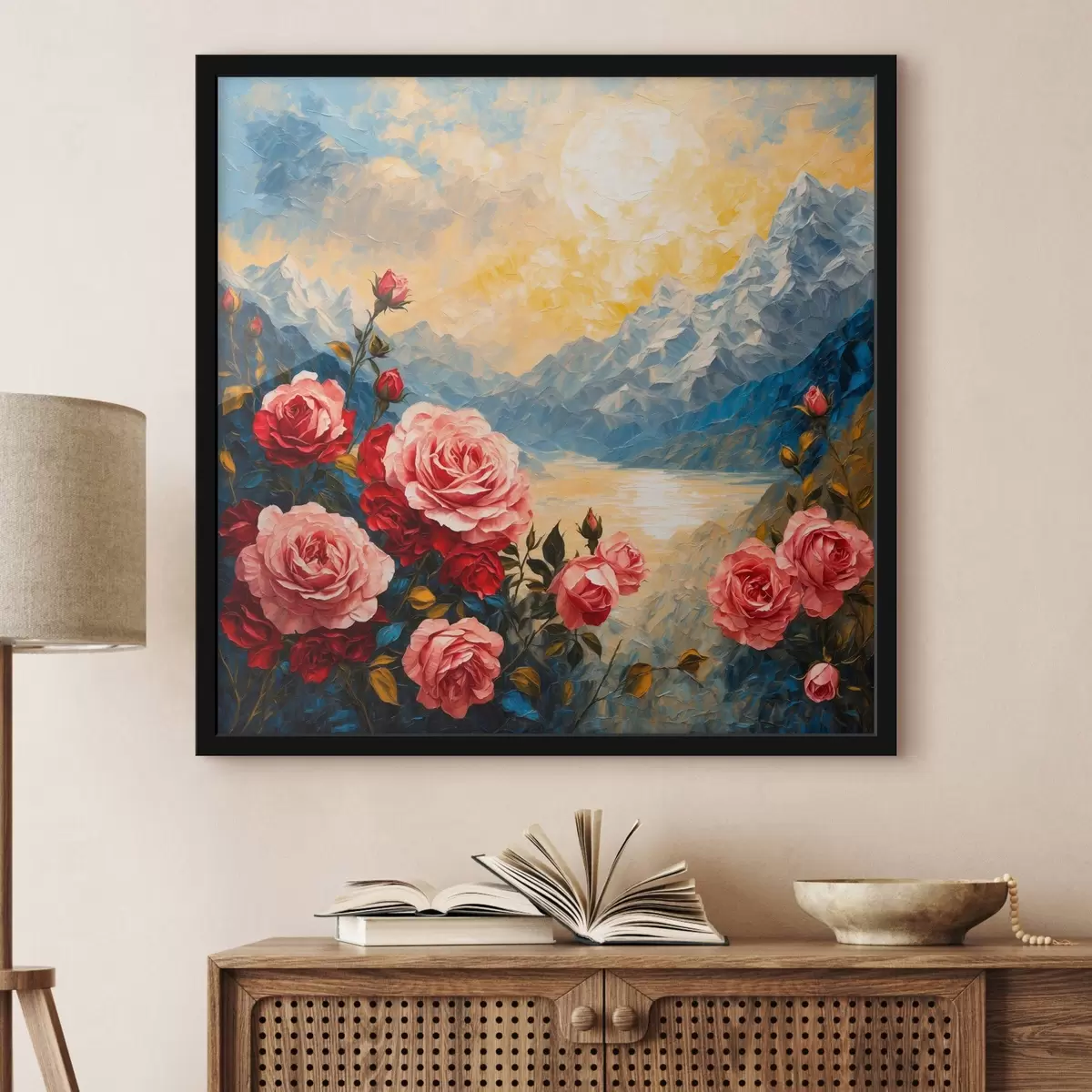 Poster Rose su sfondo di montagna in stile pittura ad olio f43457