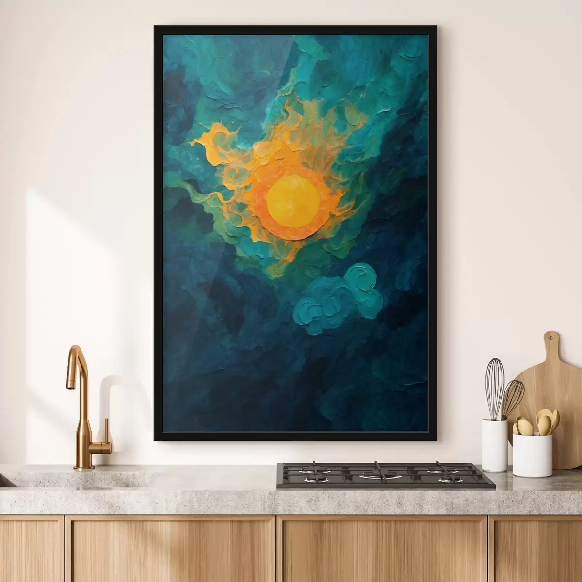 Poster Sole su sfondo scuro in stile pittura ad olio f43459