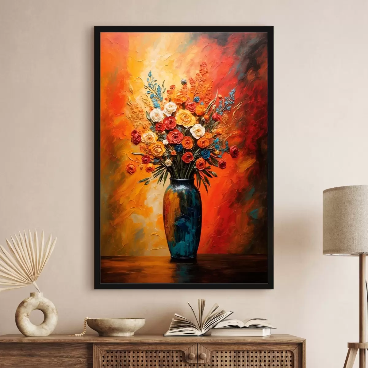 Poster Fiori diversi in vaso su sfondo rosso-giallo f43867