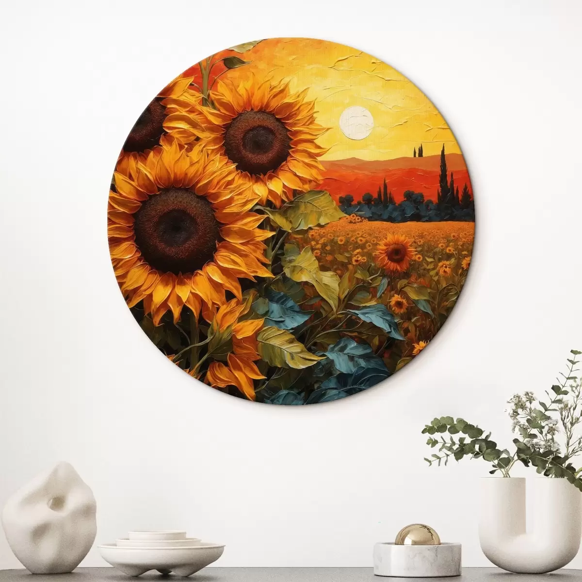 Quadri rotondi Campo di girasoli al tramonto r43460