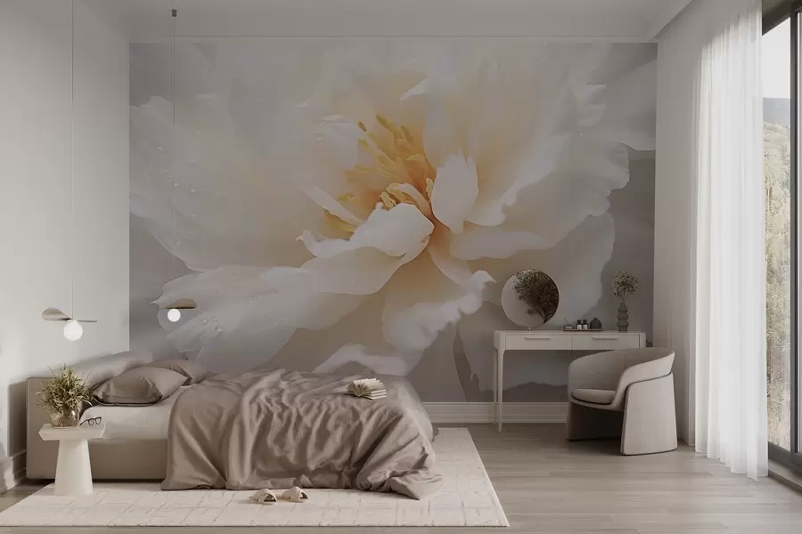 Carta da parati Floreale Fiore di peonia in fiore con gocce di rugiada n. w03602