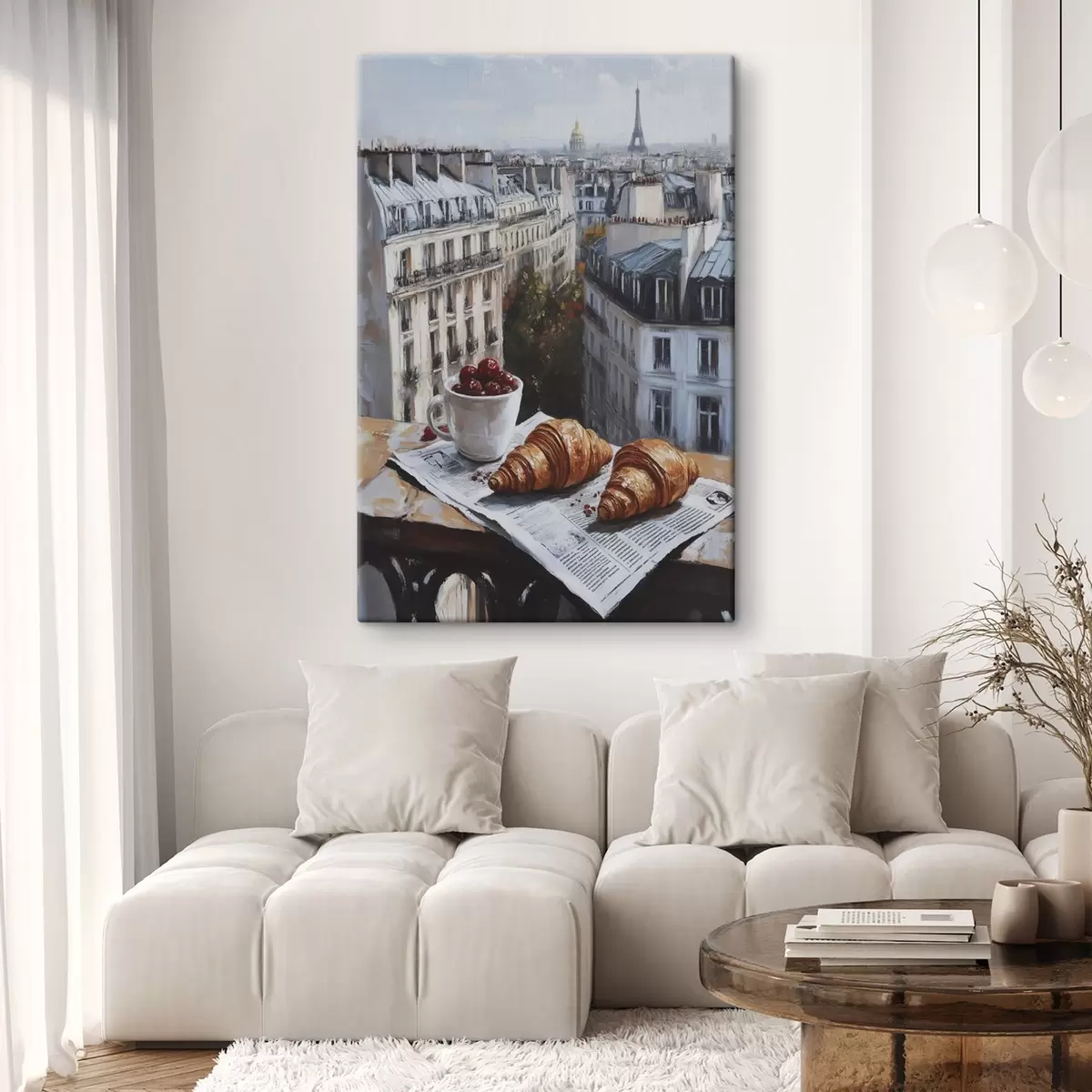 carta da parati Mattina a Parigi, caffè con croissant, vista della città, disegno ad olio nr. s43892