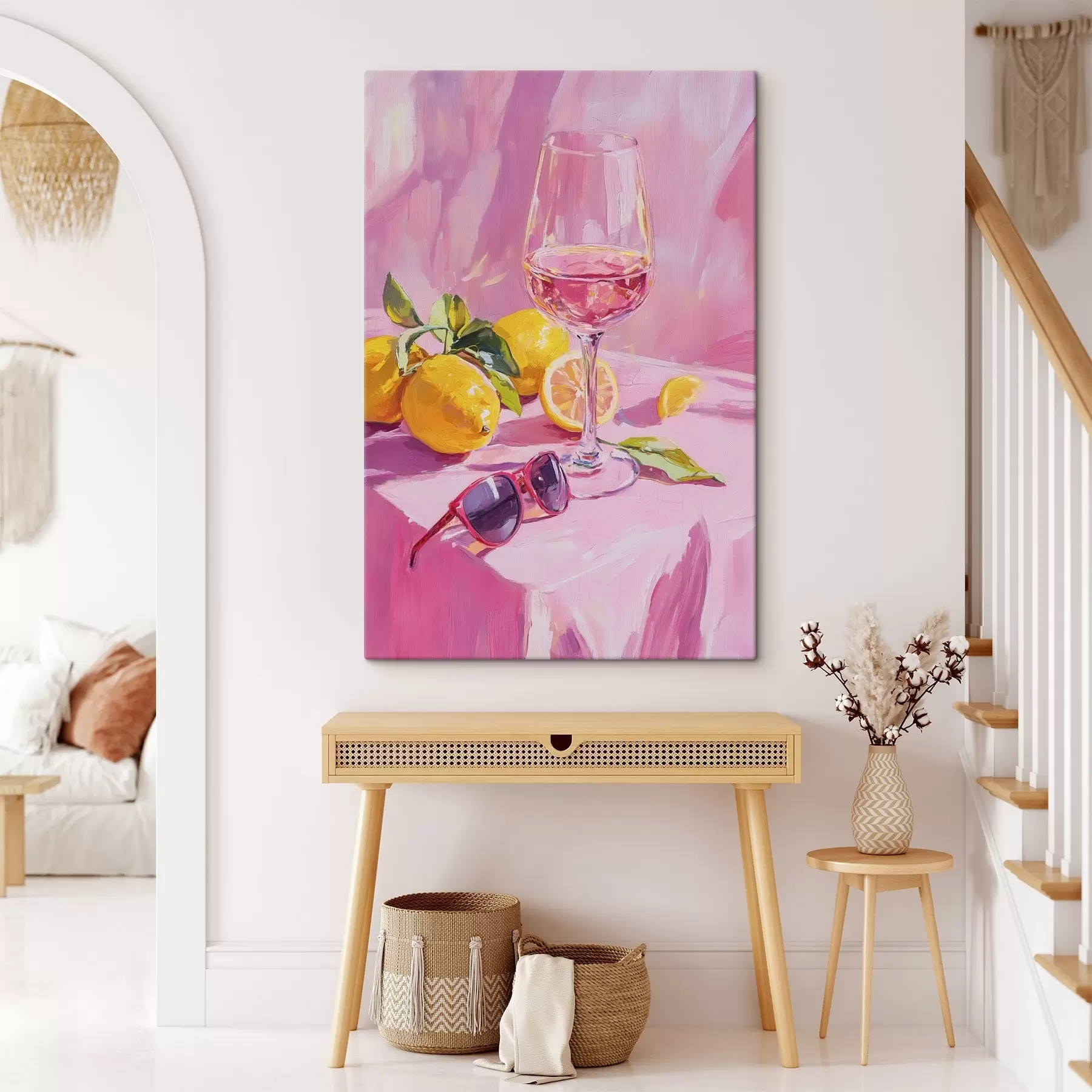 carta da parati Bicchiere di vino con limoni, occhiali da sole, astrazione, disegno ad olio, colori rosa nr. s43883