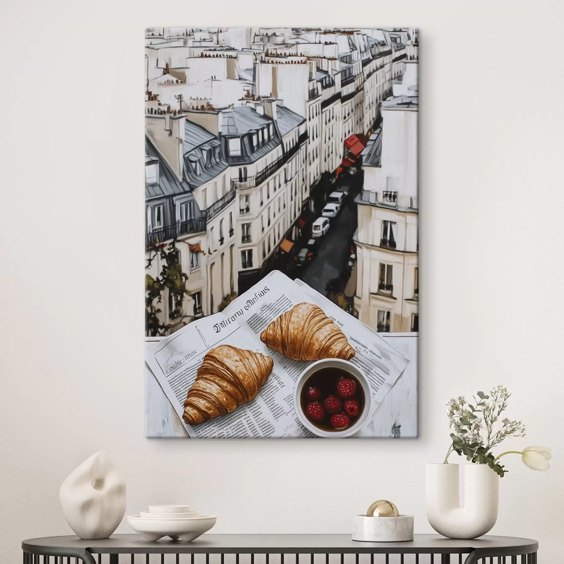 carta da parati Caffè mattutino con croissant, strada della città, stile architettonico, olio nr. s43891