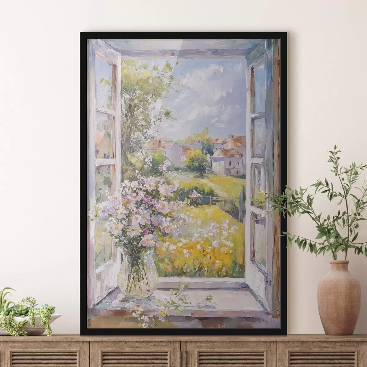 Poster Estate nel villaggio, rustico, disegno ad olio, fiori in vaso f43889