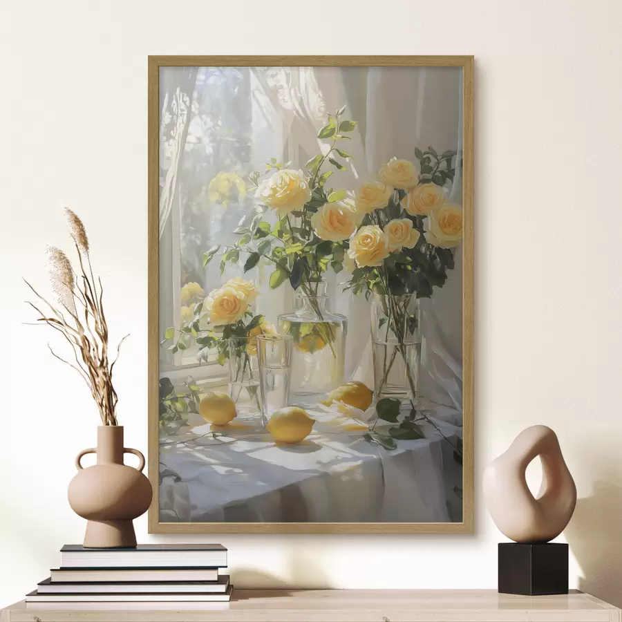carta da parati Rose in vaso, disegno a olio, luce delicata del sole, limoni, primavera nr. f43887