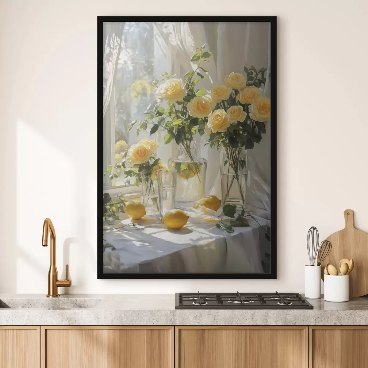 Poster Rose in vaso, disegno a olio, luce delicata del sole, limoni, primavera f43887