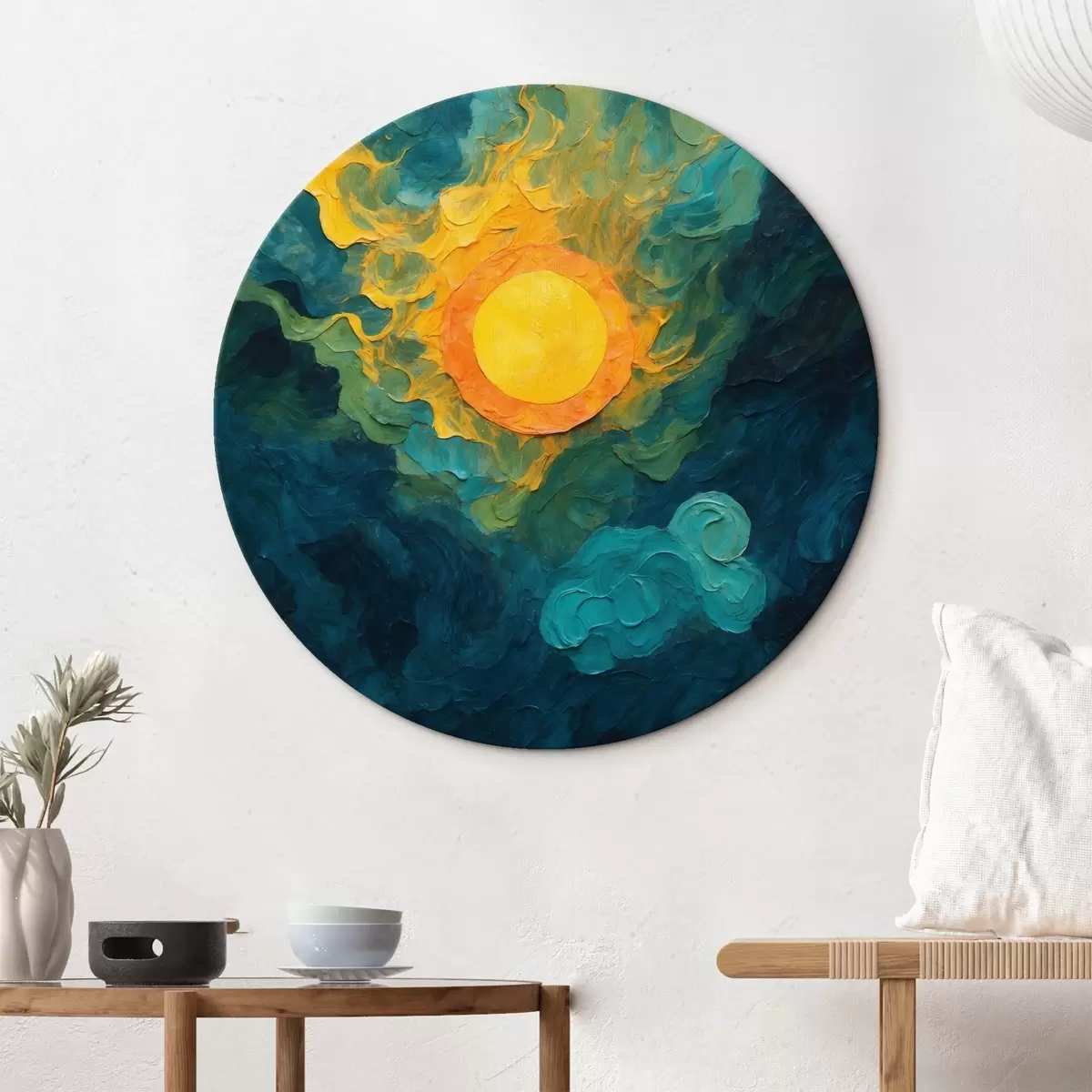 Quadri rotondi Sole su sfondo scuro in stile pittura ad olio r43459