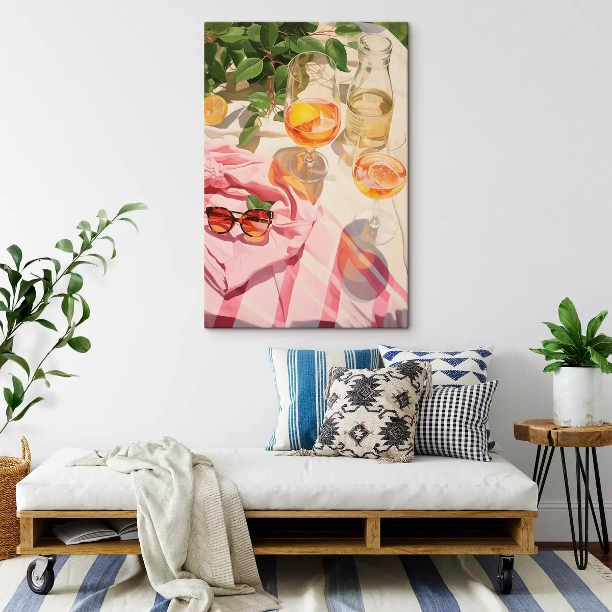 carta da parati Estate, bicchieri con champagne, piante verdi, colori caldi nr. s43885