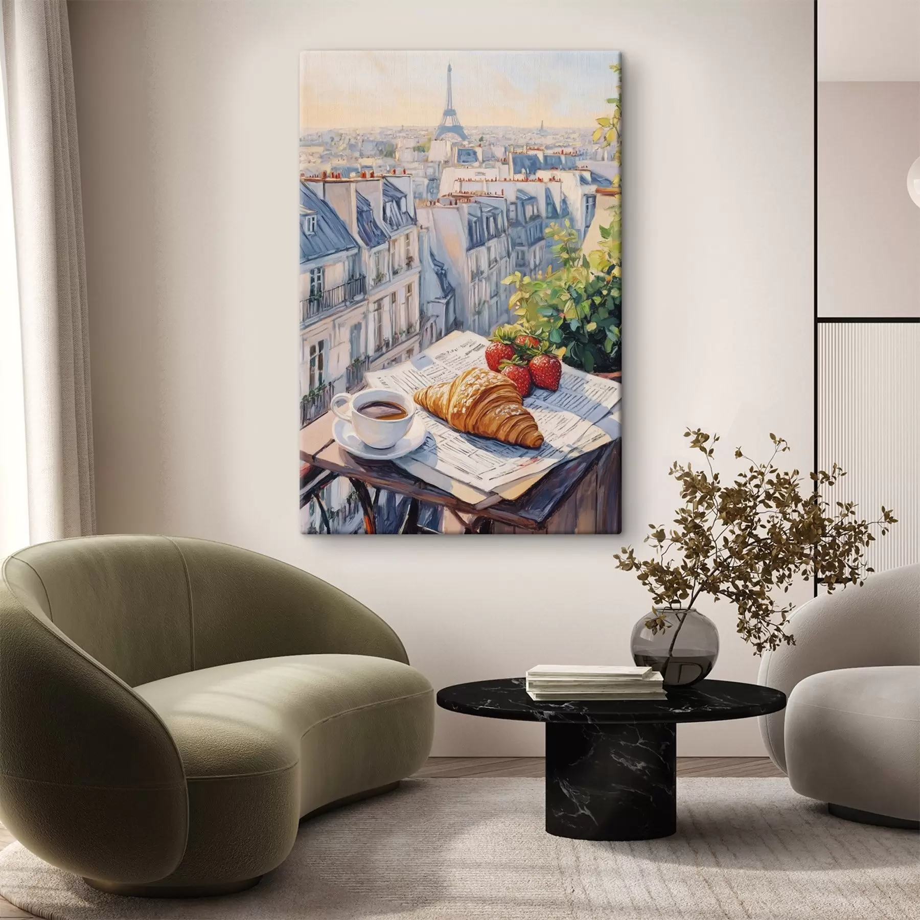 carta da parati Alba sul balcone di Parigi, torre Eiffel, fragole, caffè, diario nr. s43890