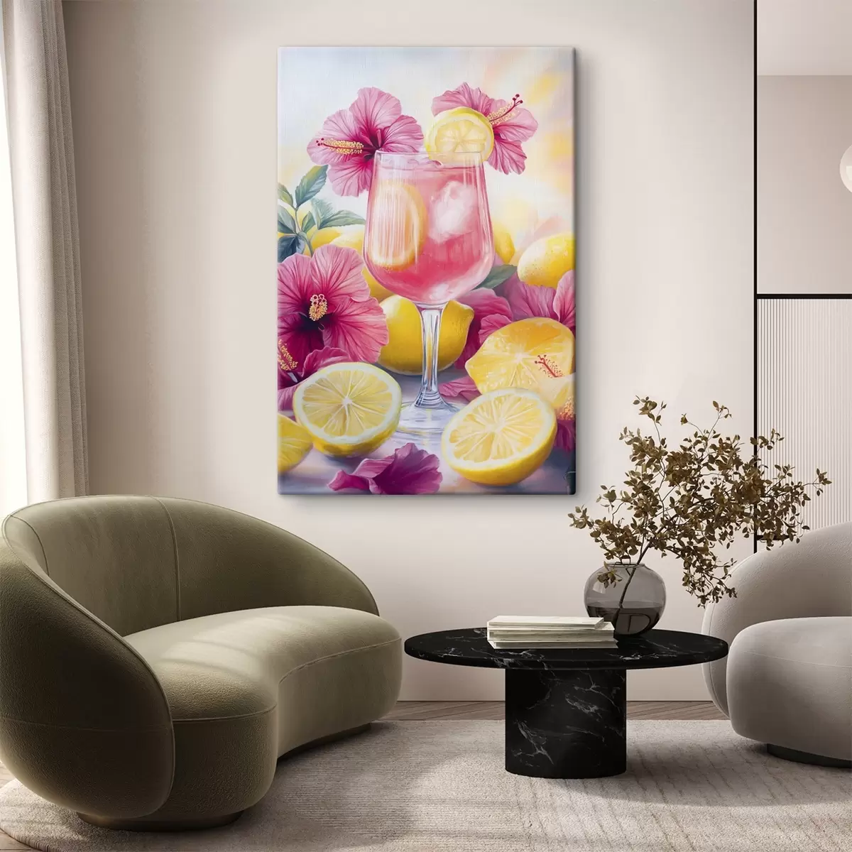 carta da parati Cocktail colorato con fiori di ibisco e limoni, estate, stile acquerello nr. s43894