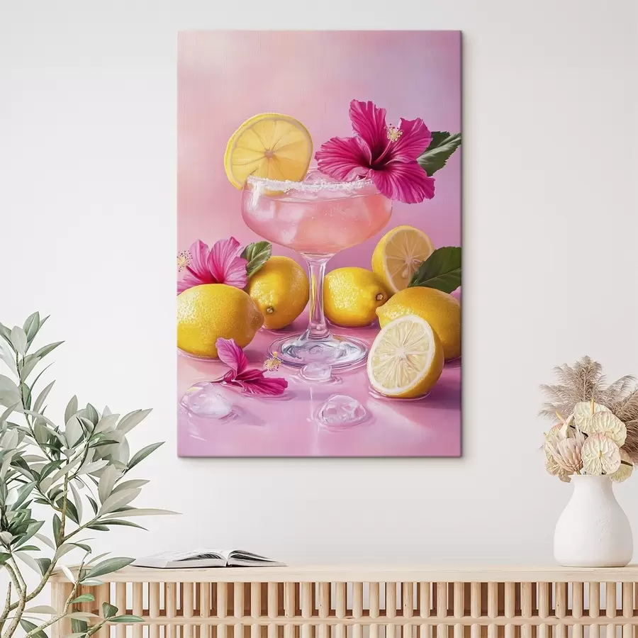 carta da parati Cocktail estivo con fiori e limoni, colori rosa, stile acquerello nr. s43895