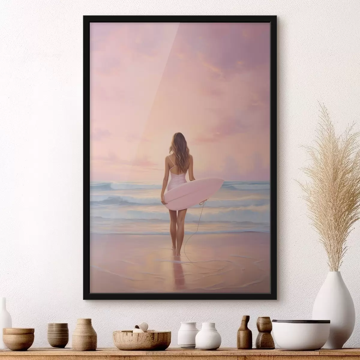 Poster Ragazza con tavola da surf sulla spiaggia dell'oceano, al tramonto, disegno in stile acrilico f43881