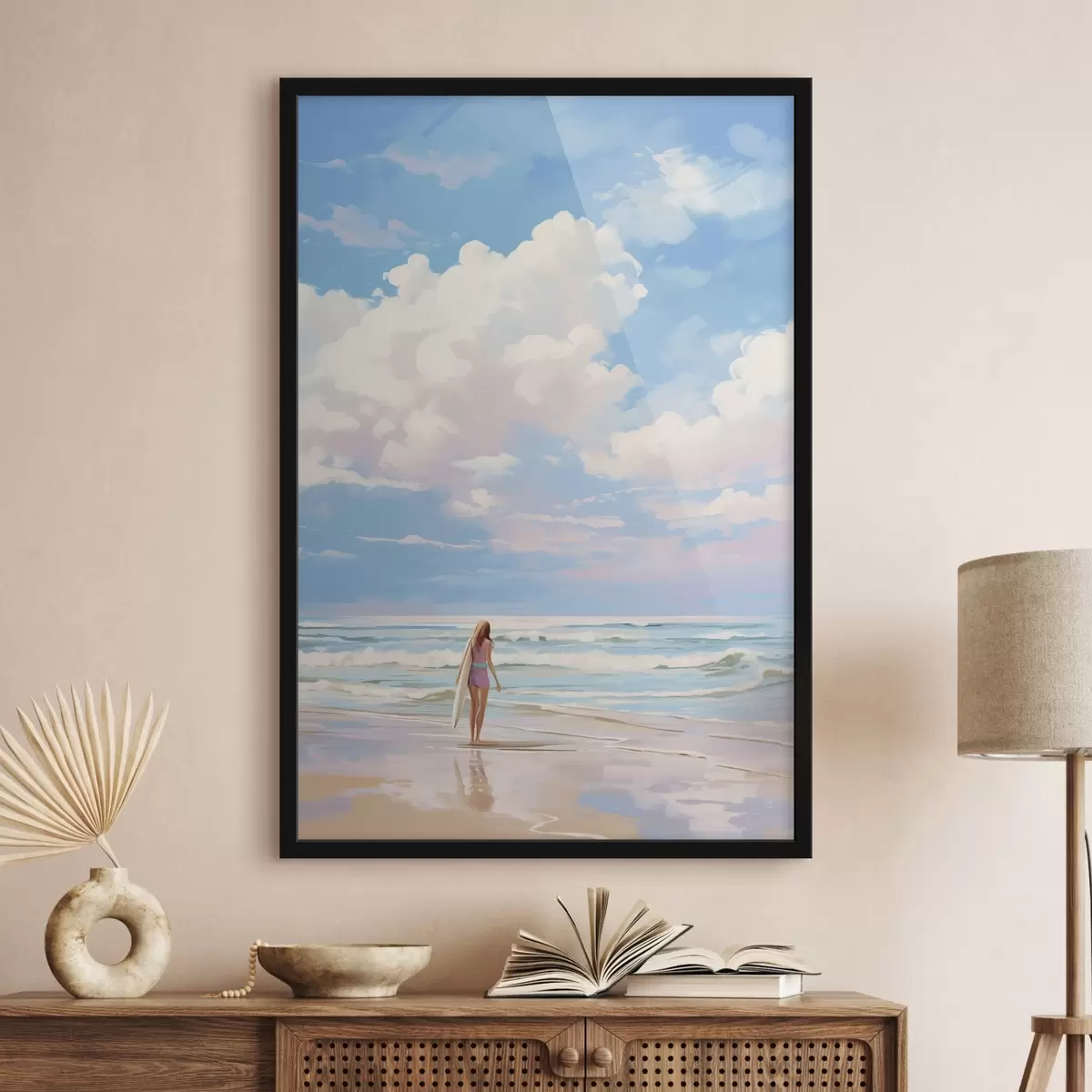Poster Ragazza che fa surf nell'oceano, estate, onde, stile acrilico f43882