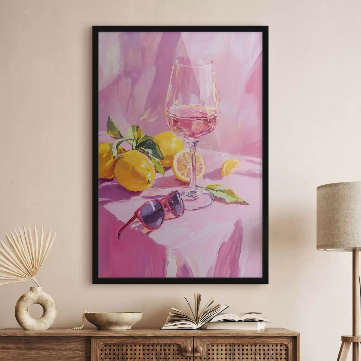 Poster Bicchiere di vino con limoni, occhiali da sole, astrazione, disegno ad olio, colori rosa f43883