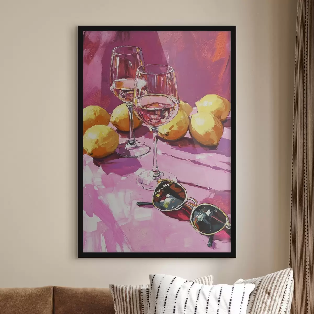 Poster Astrazione in stile olio con bicchieri di bevande, limoni e occhiali da sole f43884