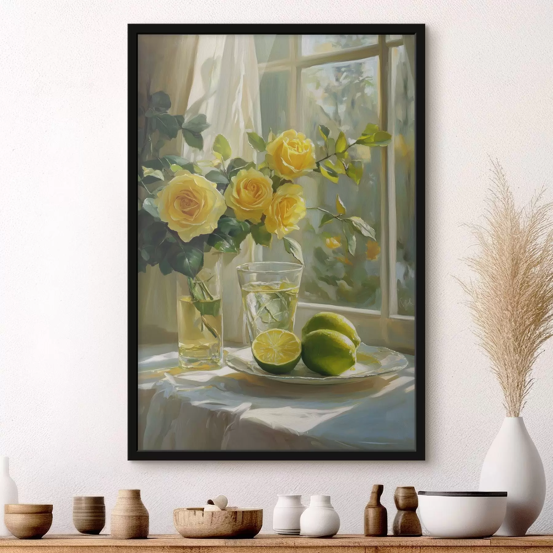 carta da parati Belle rose gialle nel vaso vicino alla finestra, acqua con lime nr. f43886