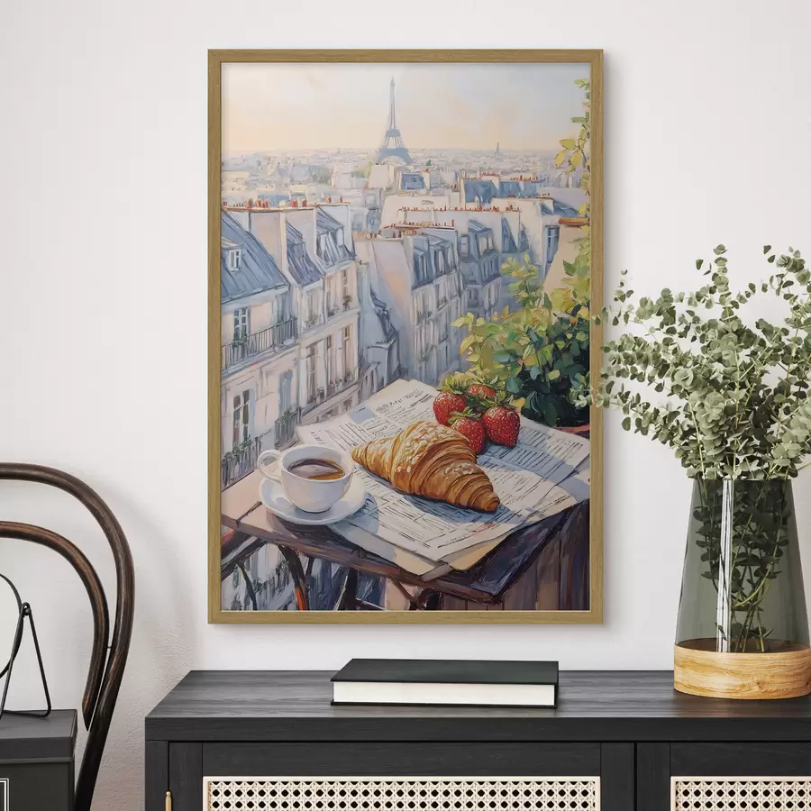carta da parati Alba sul balcone di Parigi, torre Eiffel, fragole, caffè, diario nr. f43890