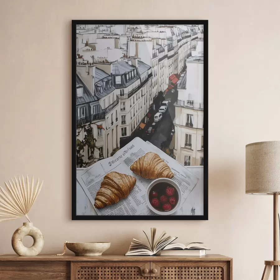 carta da parati Caffè mattutino con croissant, strada della città, stile architettonico, olio nr. f43891