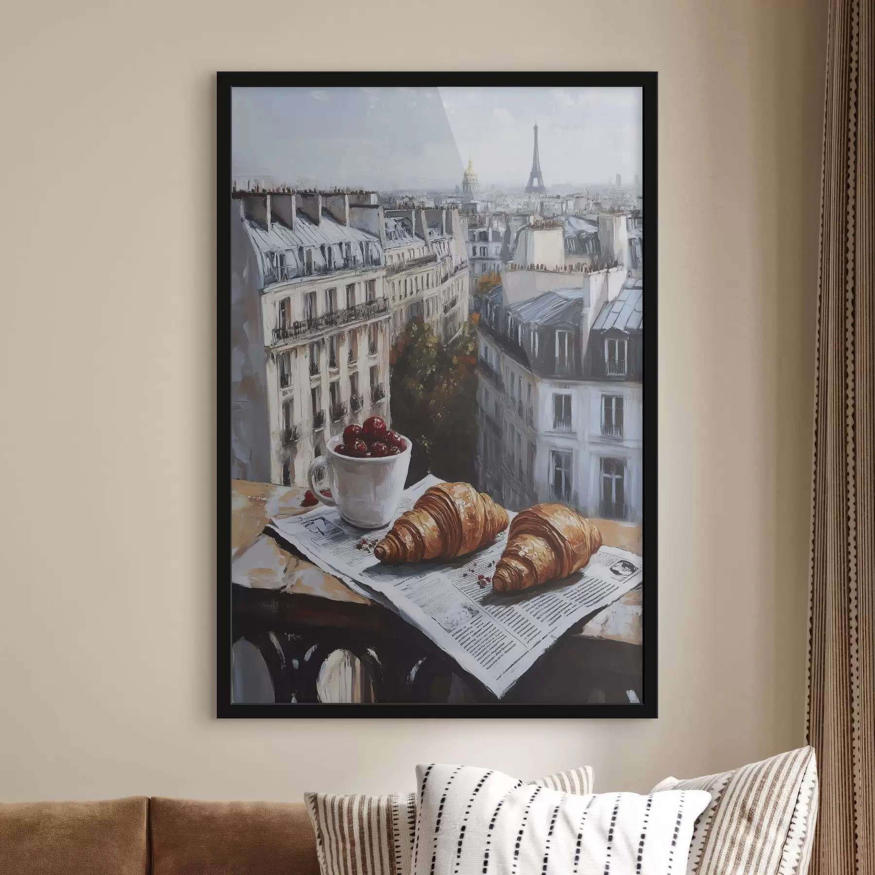 carta da parati Mattina a Parigi, caffè con croissant, vista della città, disegno ad olio nr. f43892