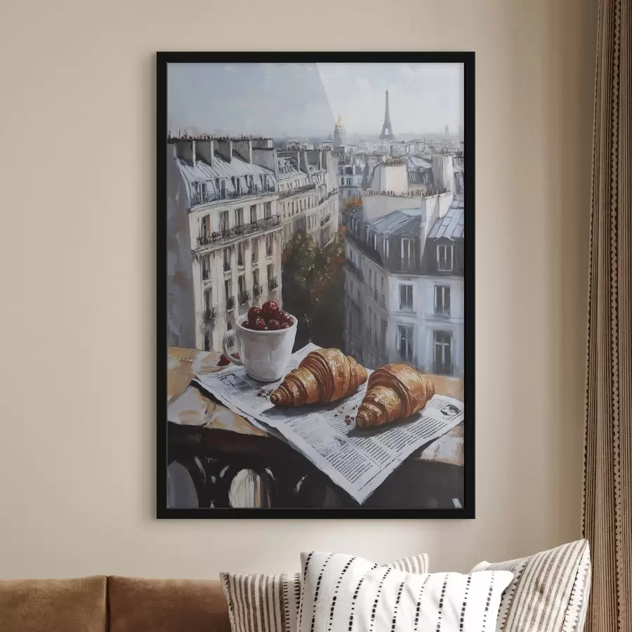 carta da parati Mattina a Parigi, caffè con croissant, vista della città, disegno ad olio nr. f43892