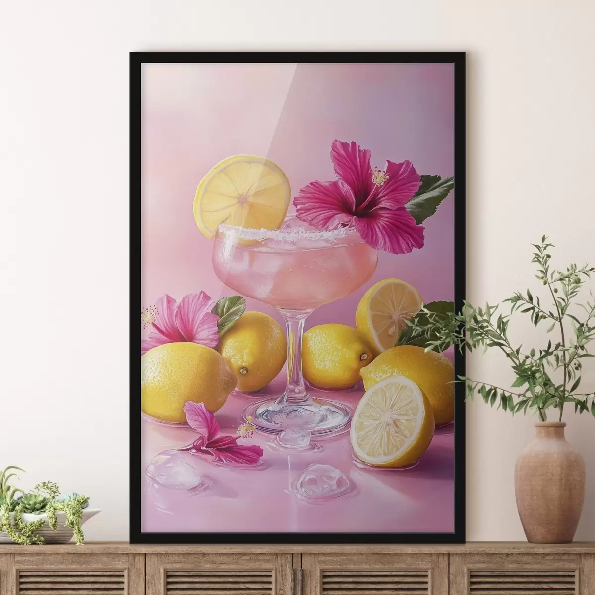 Poster Cocktail estivo con fiori e limoni, colori rosa, stile acquerello f43895