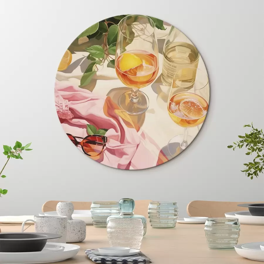 carta da parati Estate, bicchieri con champagne, piante verdi, colori caldi nr. r43885