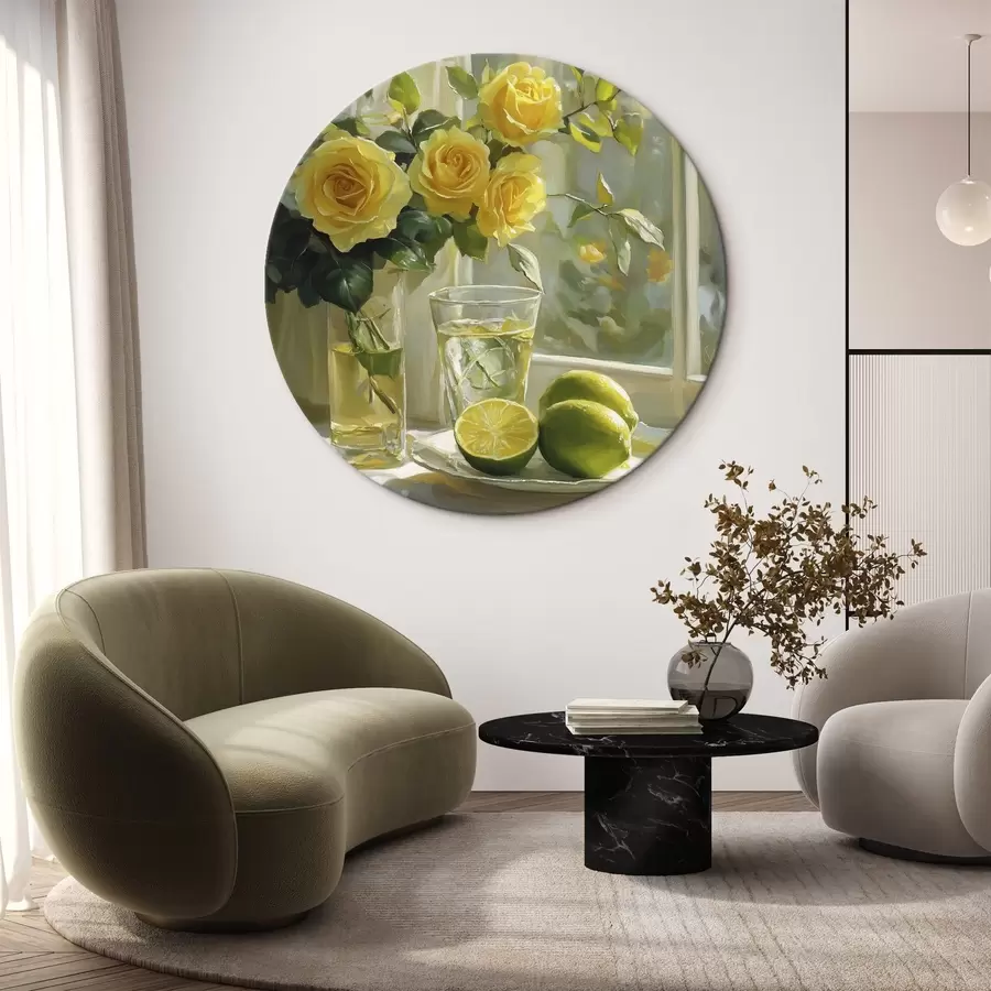 carta da parati Belle rose gialle nel vaso vicino alla finestra, acqua con lime nr. r43886