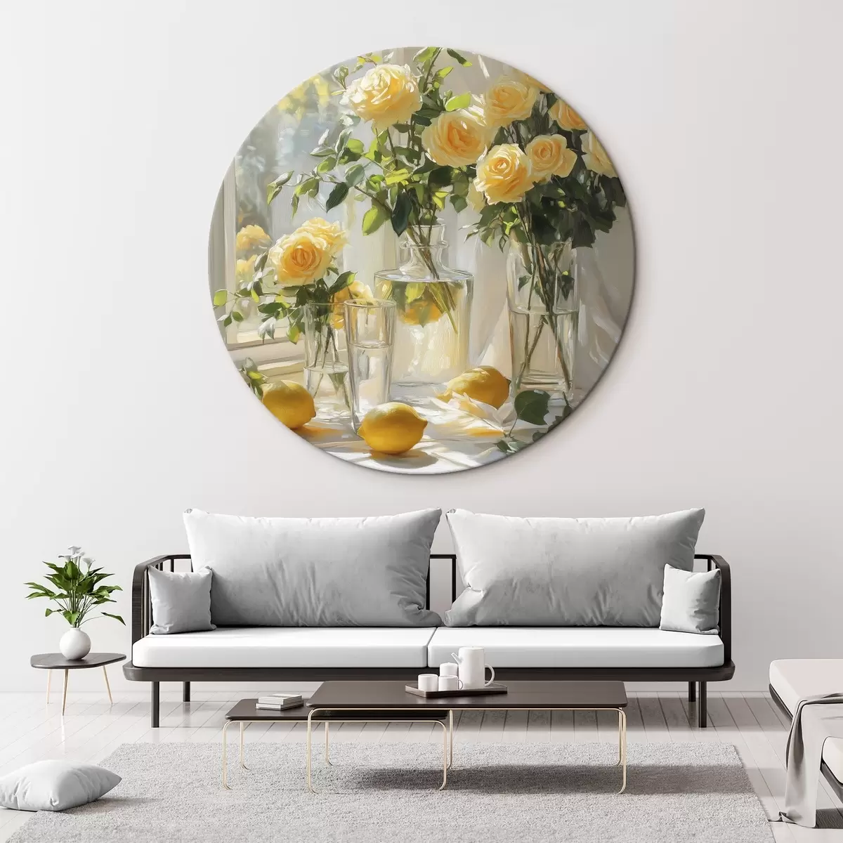 Quadri rotondi Rose in vaso, disegno a olio, luce delicata del sole, limoni, primavera r43887