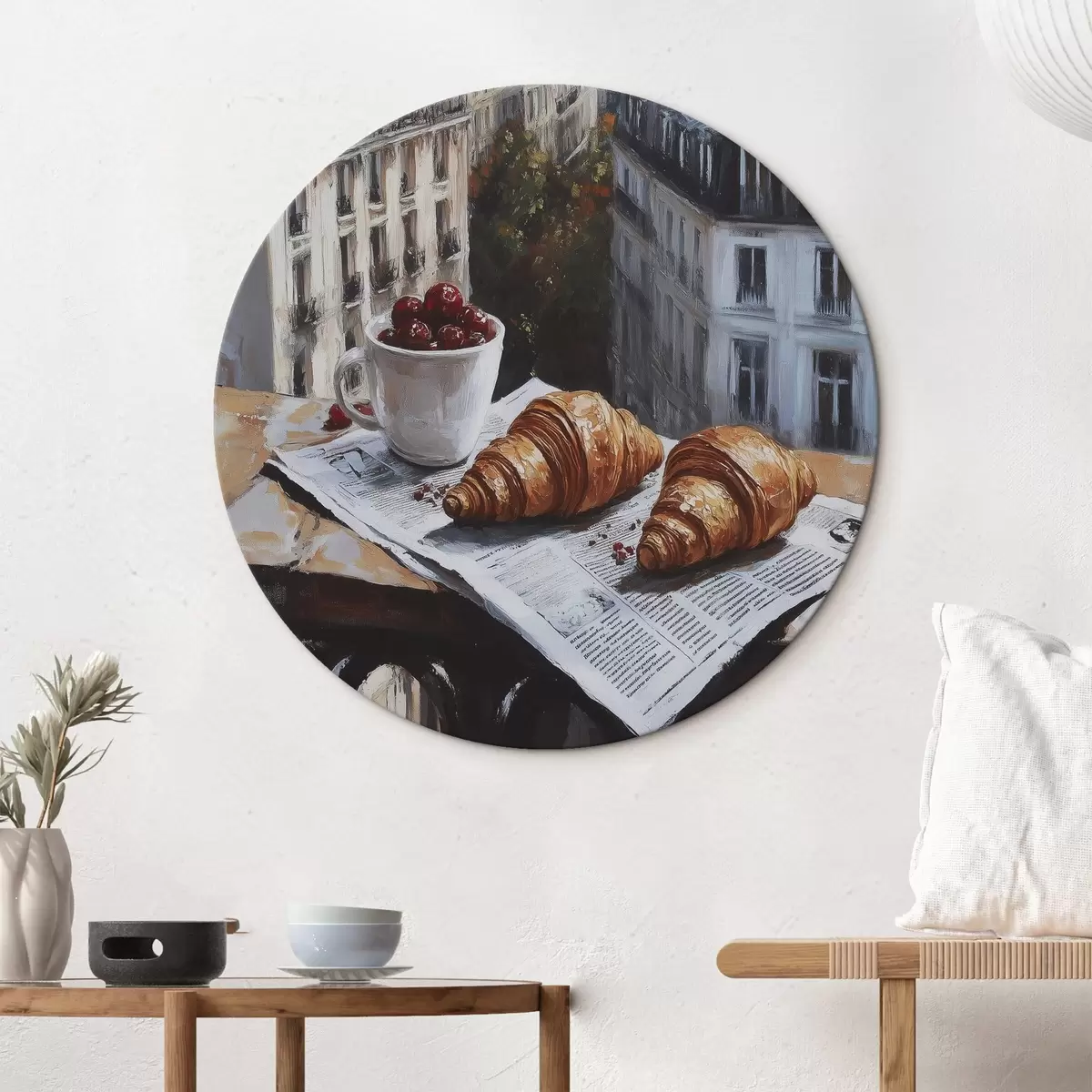 Quadri rotondi Mattina a Parigi, caffè con croissant, vista della città, disegno ad olio r43892