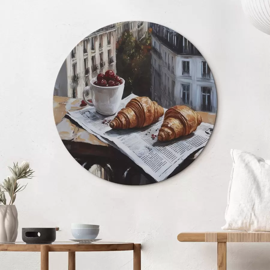 carta da parati Mattina a Parigi, caffè con croissant, vista della città, disegno ad olio nr. r43892