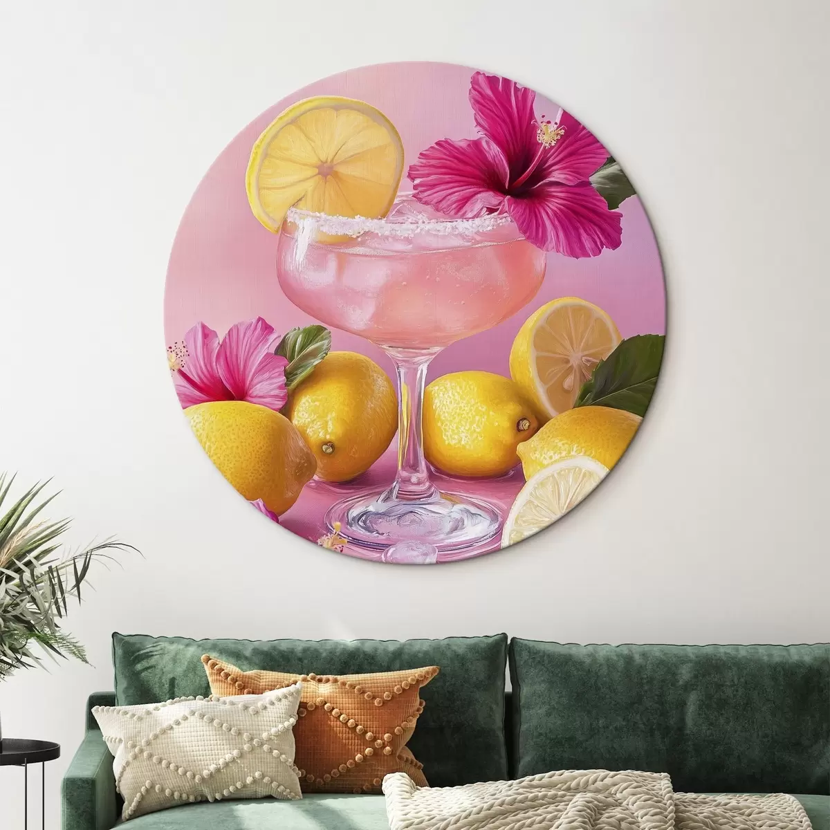 Quadri rotondi Cocktail estivo con fiori e limoni, colori rosa, stile acquerello r43895