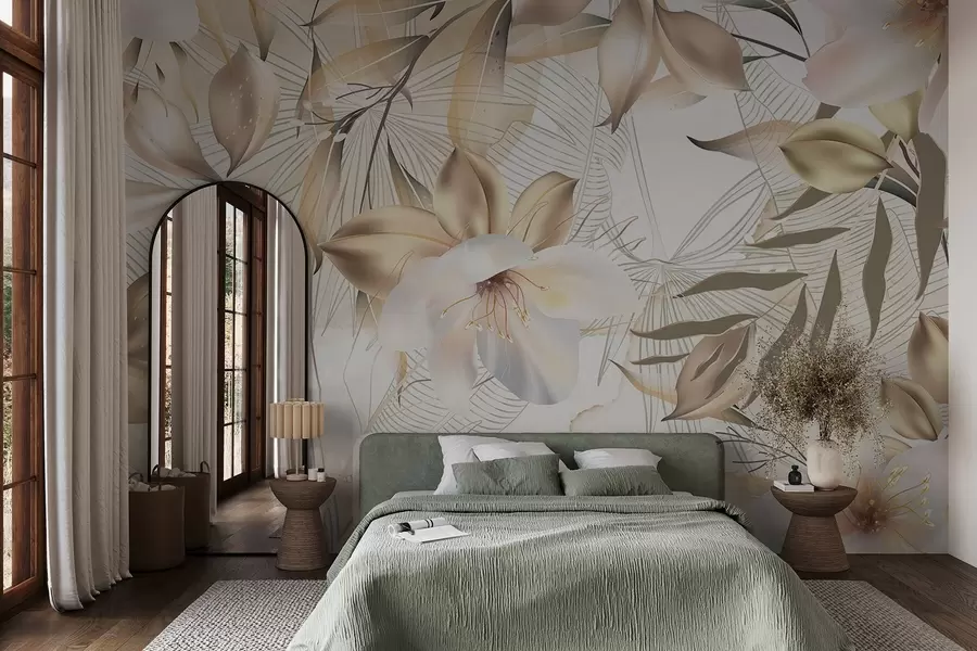 carta da parati Fiori e foglie di gelsomino, colori tenui, illustrazione botanica, sfondo floreale, design elegante, petali delicati nr. w08977