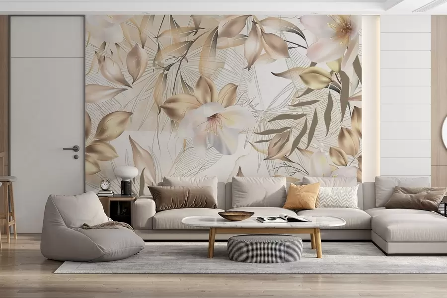 carta da parati Fiori e foglie di gelsomino, colori tenui, illustrazione botanica, sfondo floreale, design elegante, petali delicati nr. w08977