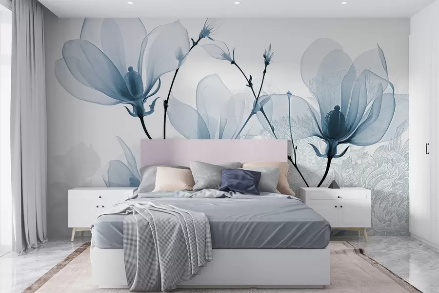 Carta da parati Floreale Fiori di magnolia blu traslucidi con sagome di fiori dai petali delicati e steli scuri n. w08978