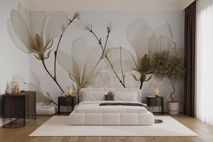 Carta da parati Floreale Fiori di magnolia beige traslucidi con sagome di fiori dai petali delicati e steli scuri n. w08978v1