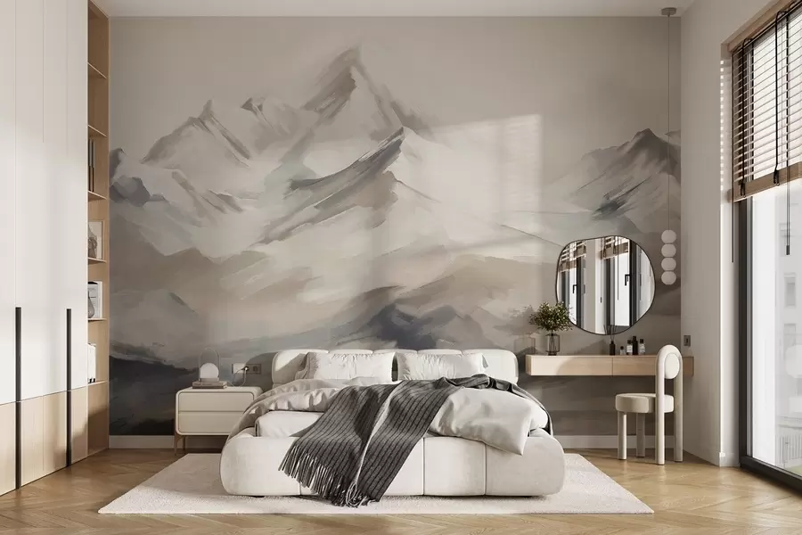 Carta da parati nature Paesaggio montano con cielo chiaro, pennellate, colori neutri beige e grigio, catena montuosa  