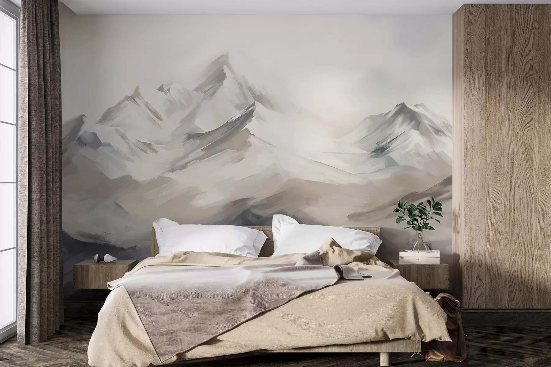 Carta da parati nature Paesaggio montano con cielo chiaro, pennellate, colori neutri beige e grigio, catena montuosa  