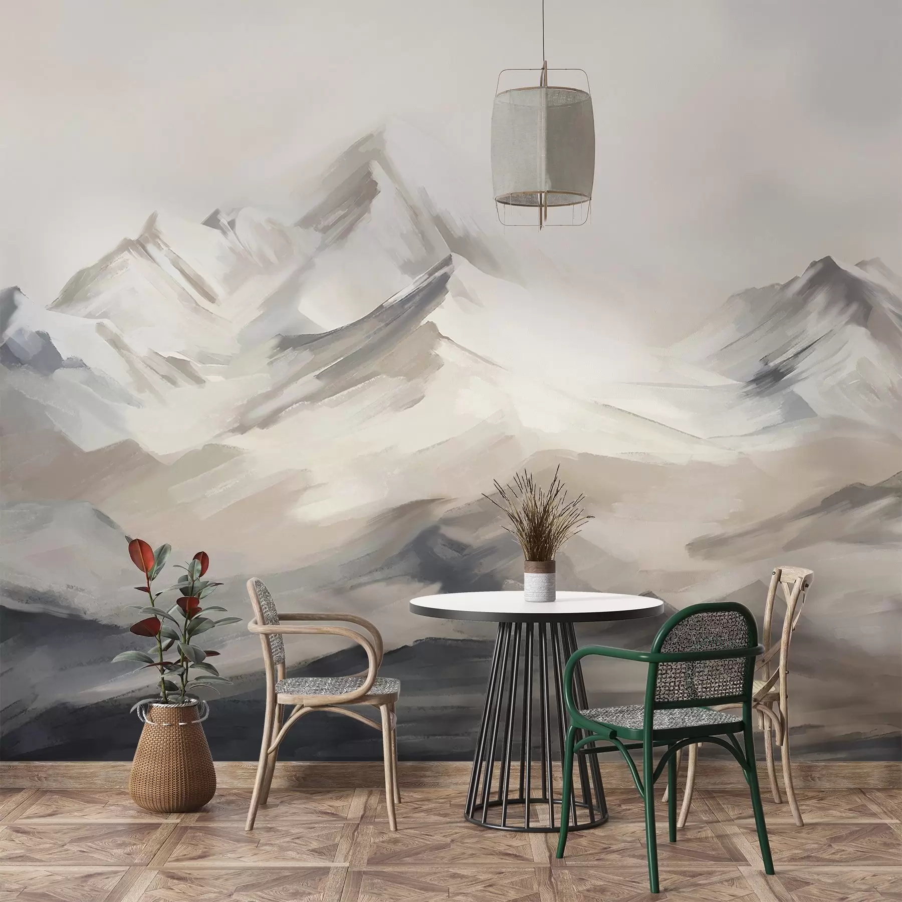 Carta da parati nature Paesaggio montano con cielo chiaro, pennellate, colori neutri beige e grigio, catena montuosa  