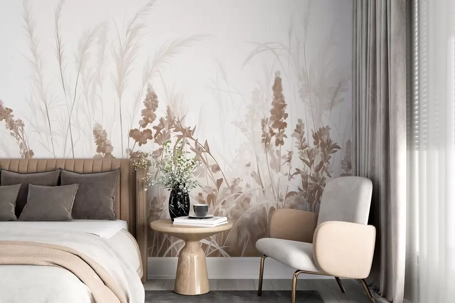 Carta da parati nature Fiori marroni e canne beige in un campo, texture pittorica minimalista, sfondo chiaro, colori tenui, pennellate delicate  