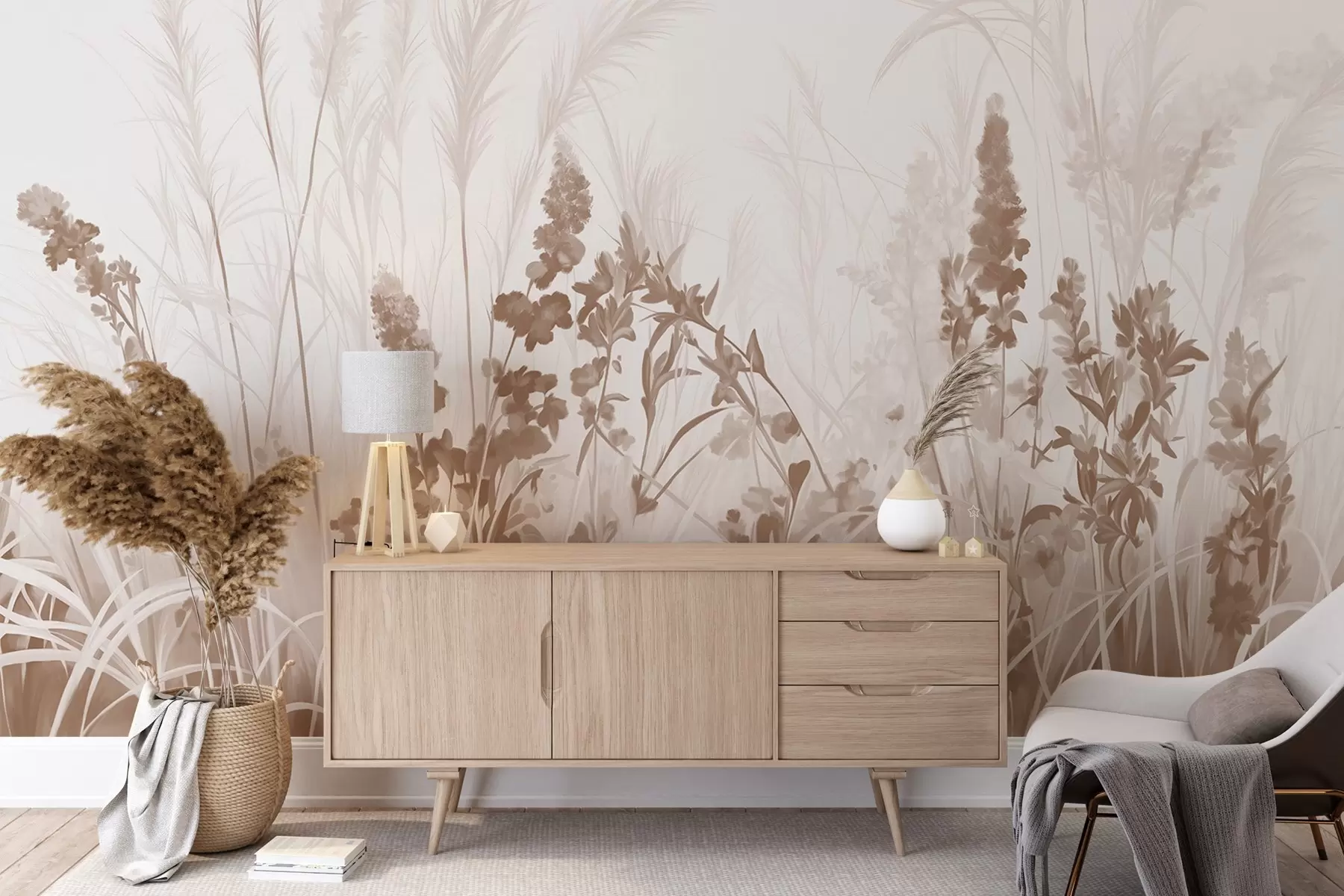 Carta da parati nature Fiori marroni e canne beige in un campo, texture pittorica minimalista, sfondo chiaro, colori tenui, pennellate delicate  
