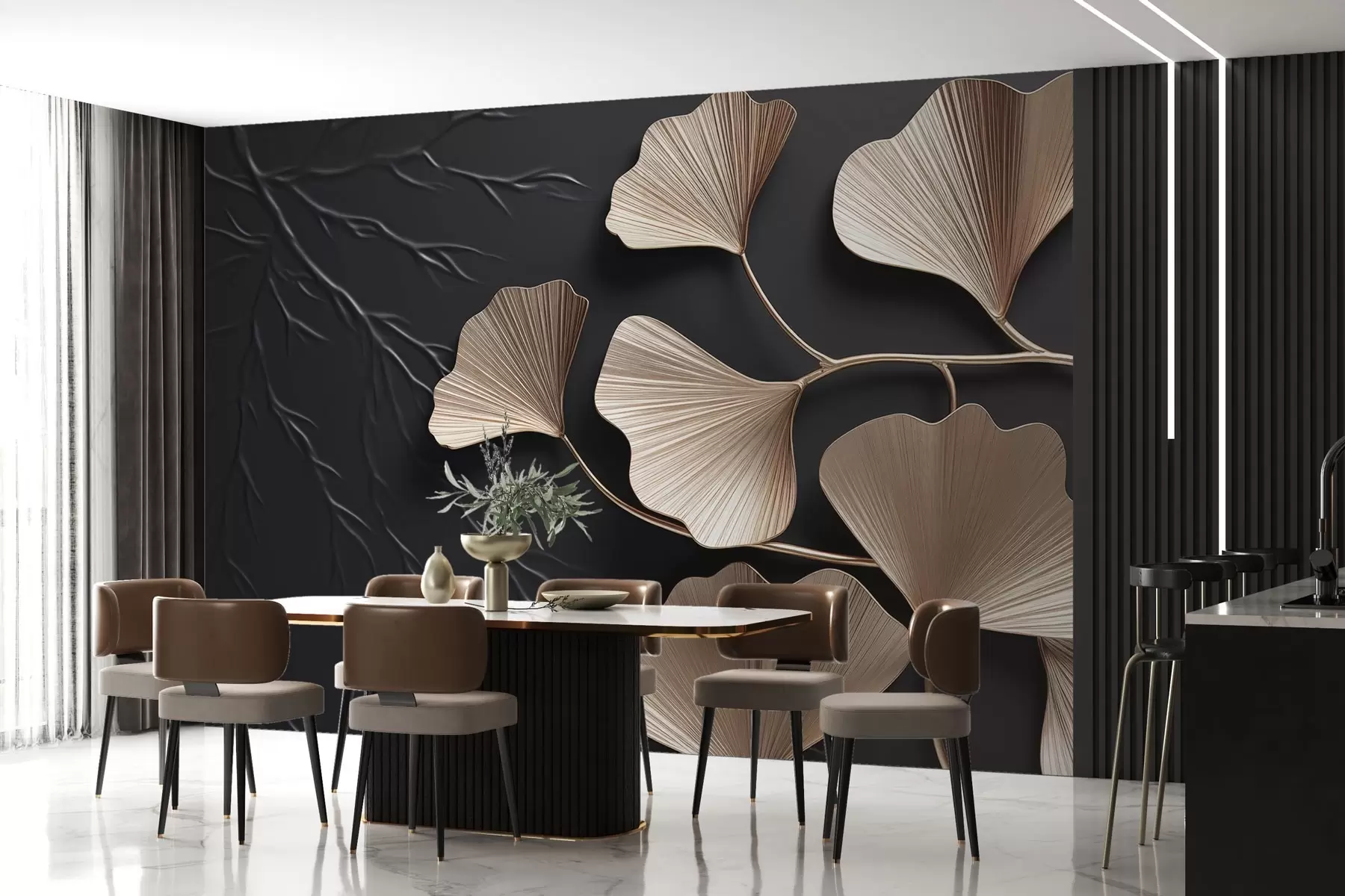 Carta da parati nature Fogliame volumetrico su una parete scura con rami 