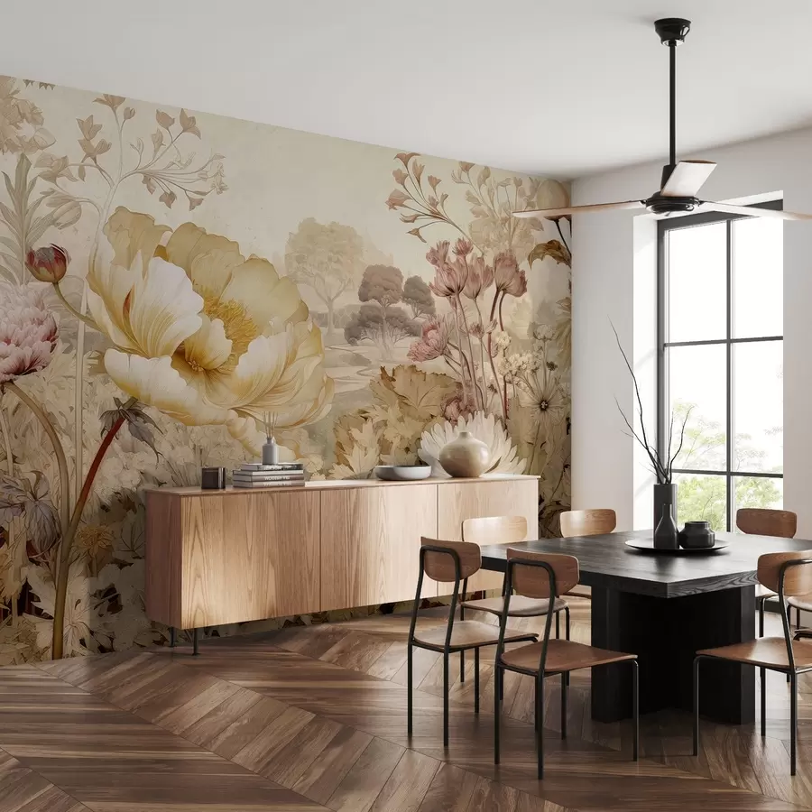 Carta da parati Fiori grandi Fiori in stile vintage sulla parete n. w03663
