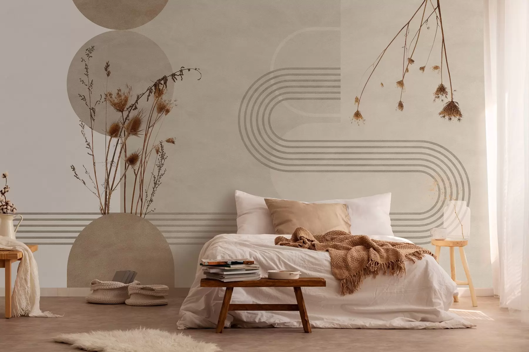 carta da parati geometria elegante e fiori secchi nei toni del beige nr. w03449