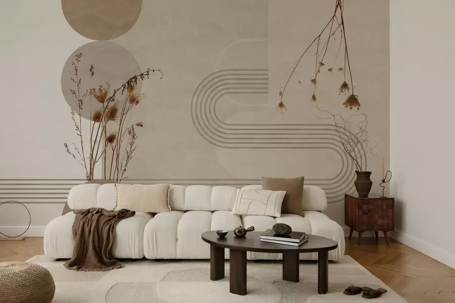 carta da parati geometria elegante e fiori secchi nei toni del beige nr. w03449