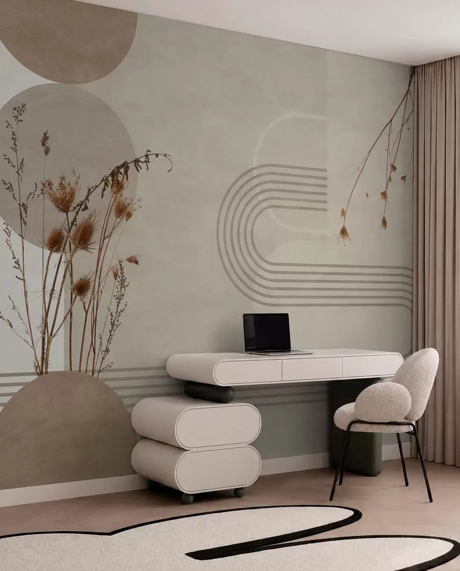 carta da parati geometria elegante e fiori secchi nei toni del beige nr. w03449