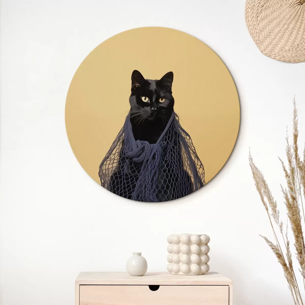 Quadri rotondi Gatto nero in una rete r43959