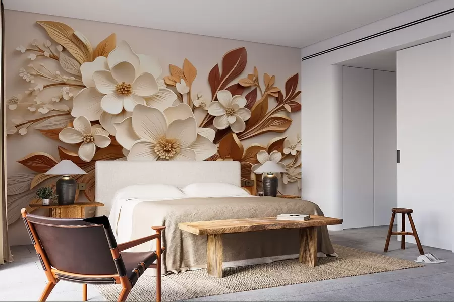 Carta da parati 3D Fiori fiori 3D con foglie in stile origami nei toni del beige n. w08984