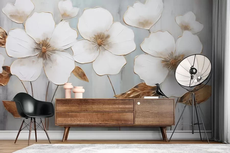 carta da parati Grandi fiori bianchi con accenti di foglie gialle su sfondo grigio nr. w08999