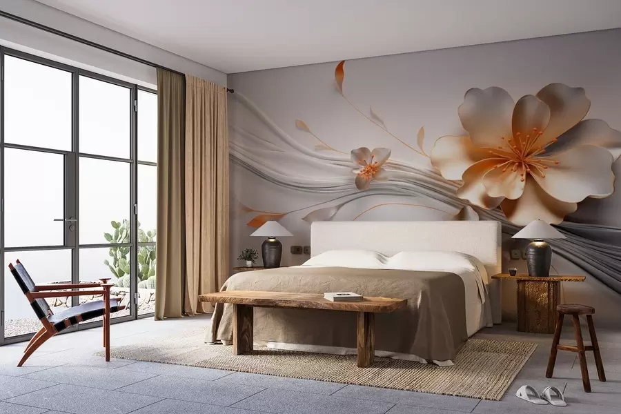 Carta da parati 3D Fiori Un fiore arancione su uno sfondo grigio astratto n. w09004